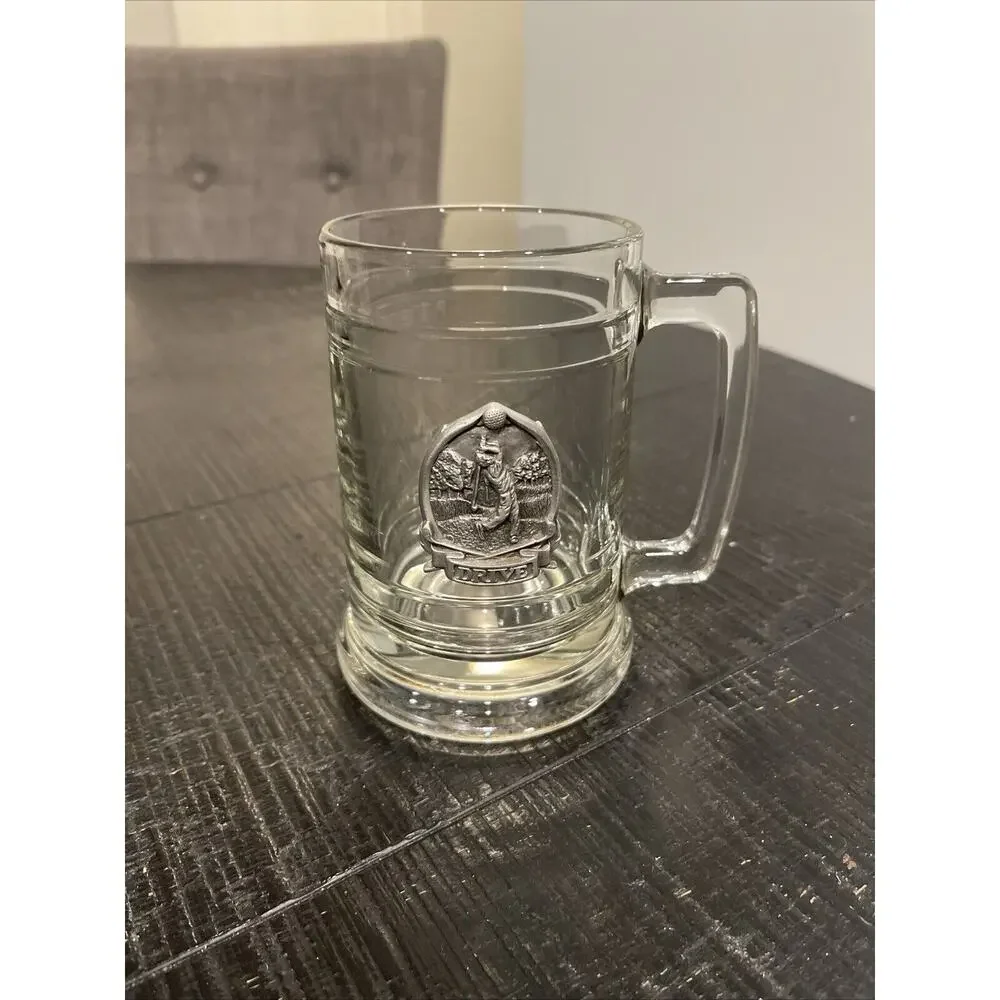 Drive!!Clear Glass Beer Stein Mug Raised Attached Golf Swing Pewter Medallion